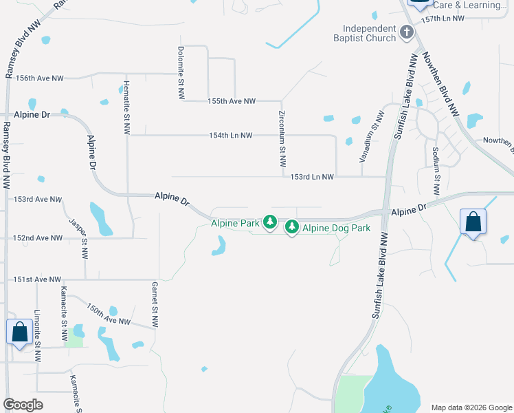 map of restaurants, bars, coffee shops, grocery stores, and more near 6608 153rd Court Northwest in Ramsey