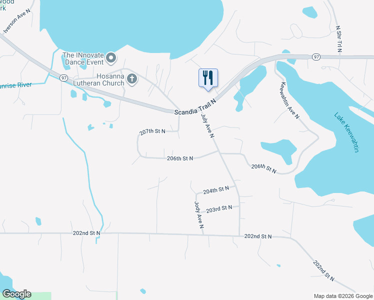 map of restaurants, bars, coffee shops, grocery stores, and more near 9580 206th Street North in Forest Lake