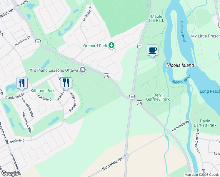 map of restaurants, bars, coffee shops, grocery stores, and more near 621 Fenwick Way in Ottawa
