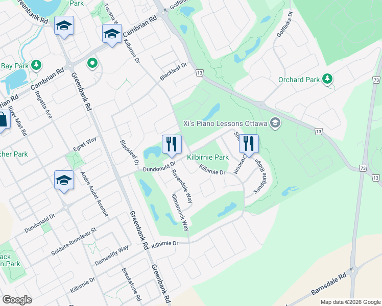 map of restaurants, bars, coffee shops, grocery stores, and more near Kilbirnie Drive in Ottawa