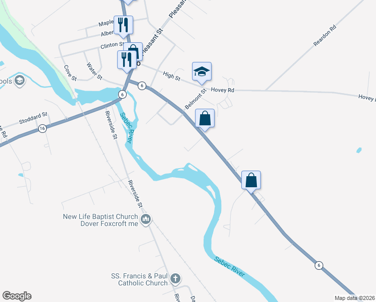 map of restaurants, bars, coffee shops, grocery stores, and more near 16 Alton Street in Milo