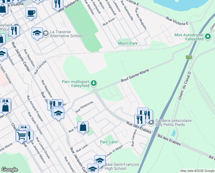 map of restaurants, bars, coffee shops, grocery stores, and more near Rue des Sorbiers in Salaberry-de-Valleyfield