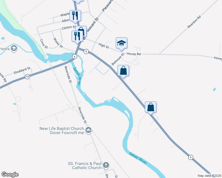 map of restaurants, bars, coffee shops, grocery stores, and more near 16 Alton Street in Milo