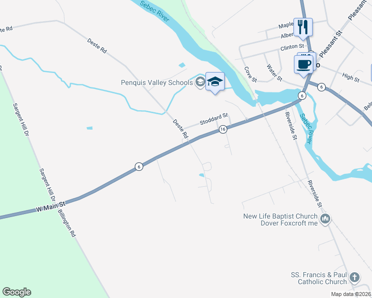 map of restaurants, bars, coffee shops, grocery stores, and more near 3 Kimball Street in Milo
