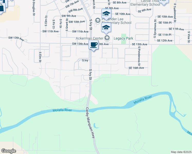 map of restaurants, bars, coffee shops, grocery stores, and more near 1712 South Ivy Street in Canby