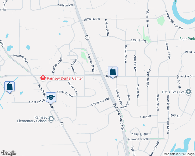 map of restaurants, bars, coffee shops, grocery stores, and more near 5528 153rd Court Northwest in Ramsey
