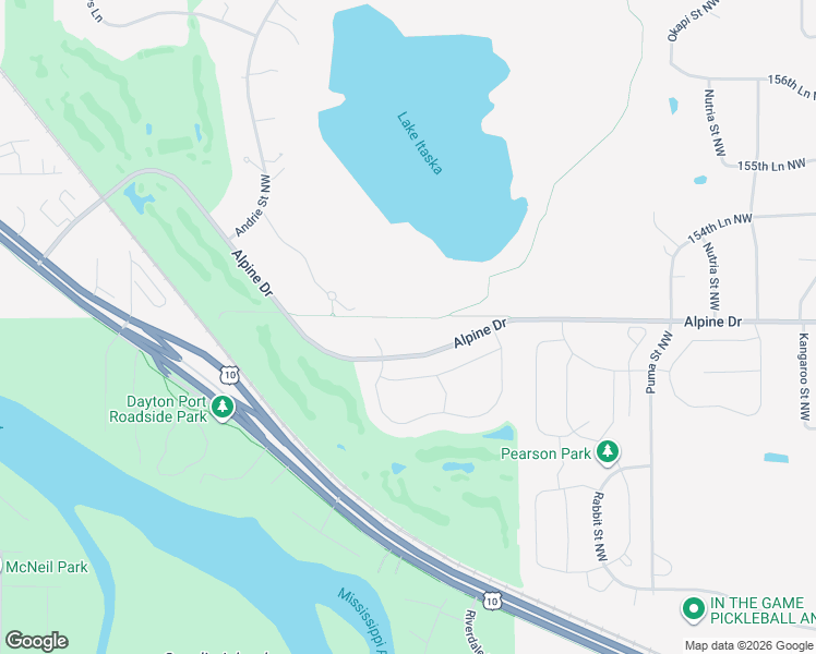 map of restaurants, bars, coffee shops, grocery stores, and more near 15261 Alpine Court Northwest in Ramsey