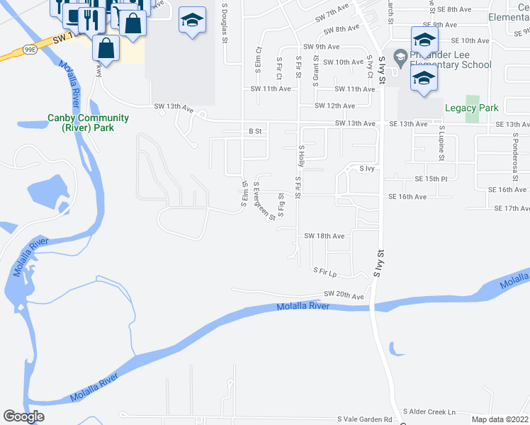 map of restaurants, bars, coffee shops, grocery stores, and more near 1755 South Evergreen Street in Canby