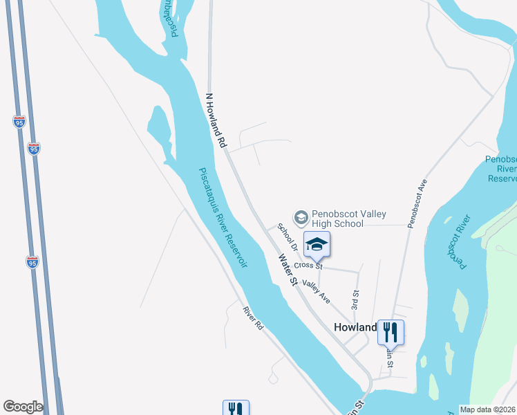 map of restaurants, bars, coffee shops, grocery stores, and more near 69 Water Street in Howland