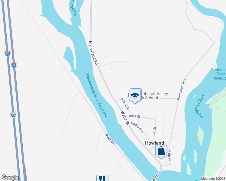 map of restaurants, bars, coffee shops, grocery stores, and more near 61 Water Street in Howland