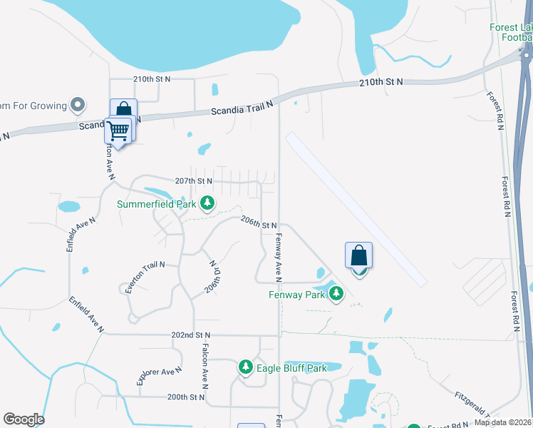 map of restaurants, bars, coffee shops, grocery stores, and more near 20609 Fenston Avenue North in Forest Lake