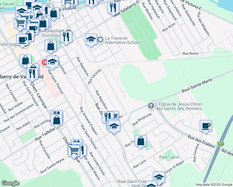 map of restaurants, bars, coffee shops, grocery stores, and more near 223 Rue Viau in Salaberry-de-Valleyfield