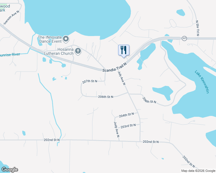 map of restaurants, bars, coffee shops, grocery stores, and more near 20691 Jewel Avenue North in Forest Lake