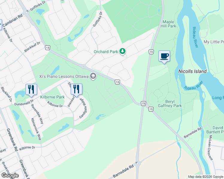 map of restaurants, bars, coffee shops, grocery stores, and more near 210 Ormiston Crescent in Ottawa