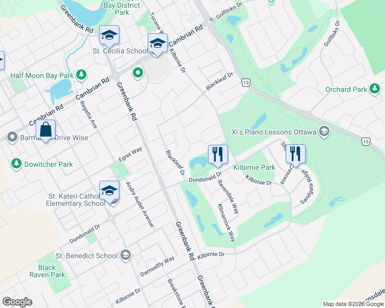 map of restaurants, bars, coffee shops, grocery stores, and more near 191 Cheyenne Way in Ottawa
