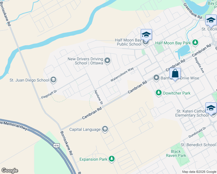 map of restaurants, bars, coffee shops, grocery stores, and more near 221 Merak Way in Ottawa