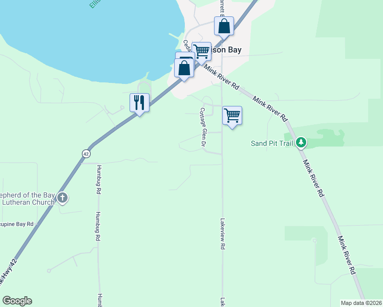 map of restaurants, bars, coffee shops, grocery stores, and more near 1628 Olson Drive in Ellison Bay