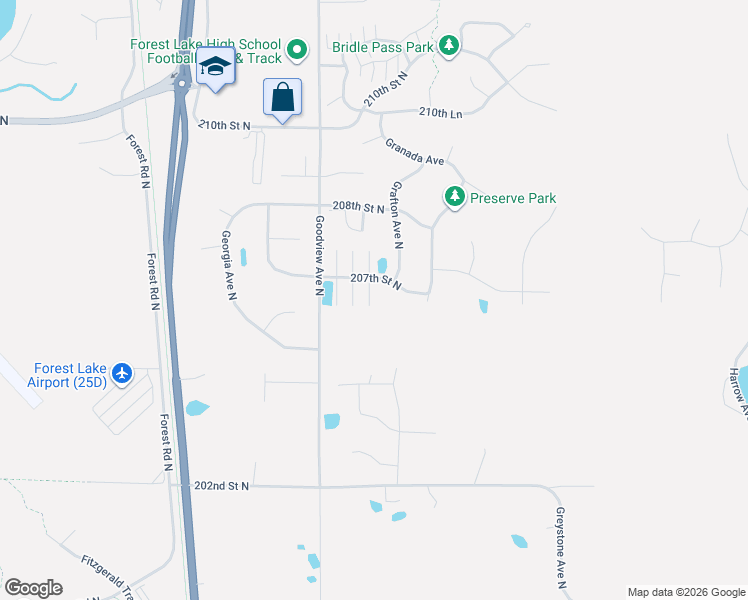 map of restaurants, bars, coffee shops, grocery stores, and more near 6385 207th Street North in Forest Lake