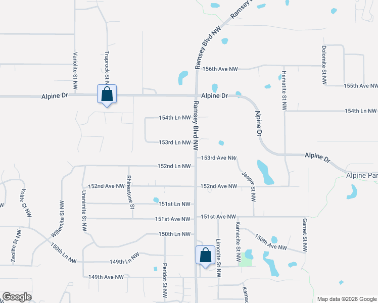 map of restaurants, bars, coffee shops, grocery stores, and more near 15310 Ramsey Boulevard Northwest in Ramsey