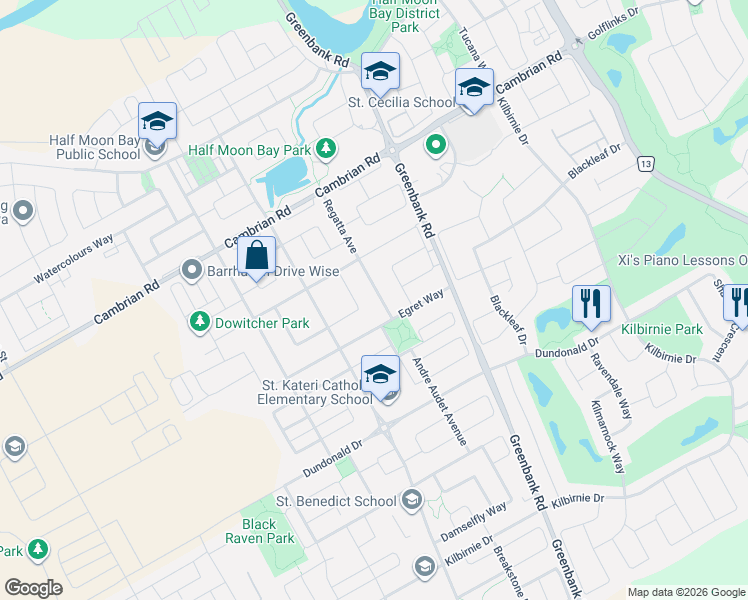 map of restaurants, bars, coffee shops, grocery stores, and more near 2477 Regatta Avenue in Ottawa