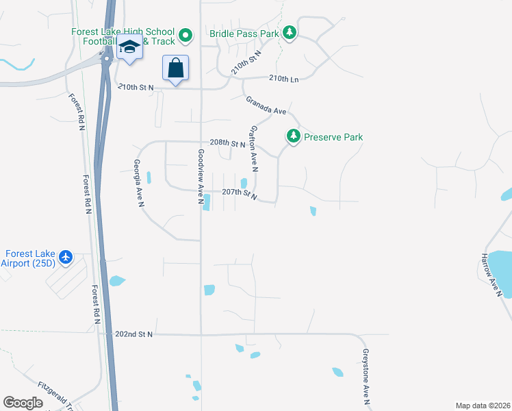 map of restaurants, bars, coffee shops, grocery stores, and more near 6475 207th Street North in Forest Lake