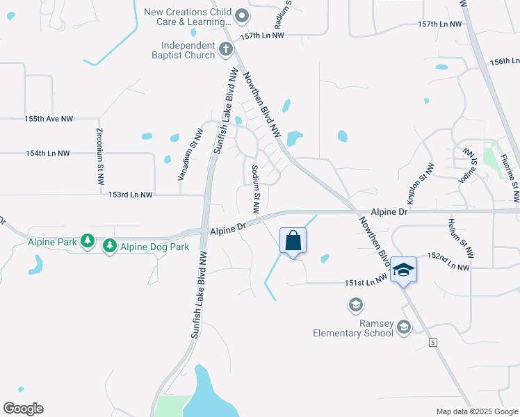 map of restaurants, bars, coffee shops, grocery stores, and more near 15321 Sodium Street Northwest in Ramsey