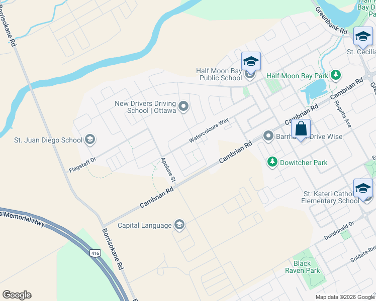 map of restaurants, bars, coffee shops, grocery stores, and more near 215 Merak Way in Ottawa