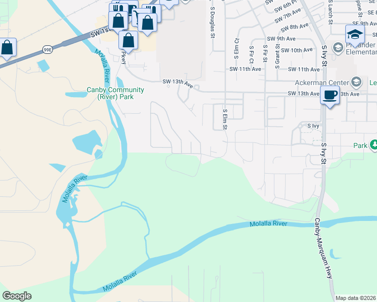 map of restaurants, bars, coffee shops, grocery stores, and more near 201 South Elm Street in Canby