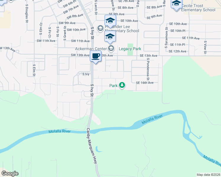 map of restaurants, bars, coffee shops, grocery stores, and more near 209 Southeast 16th Avenue in Canby