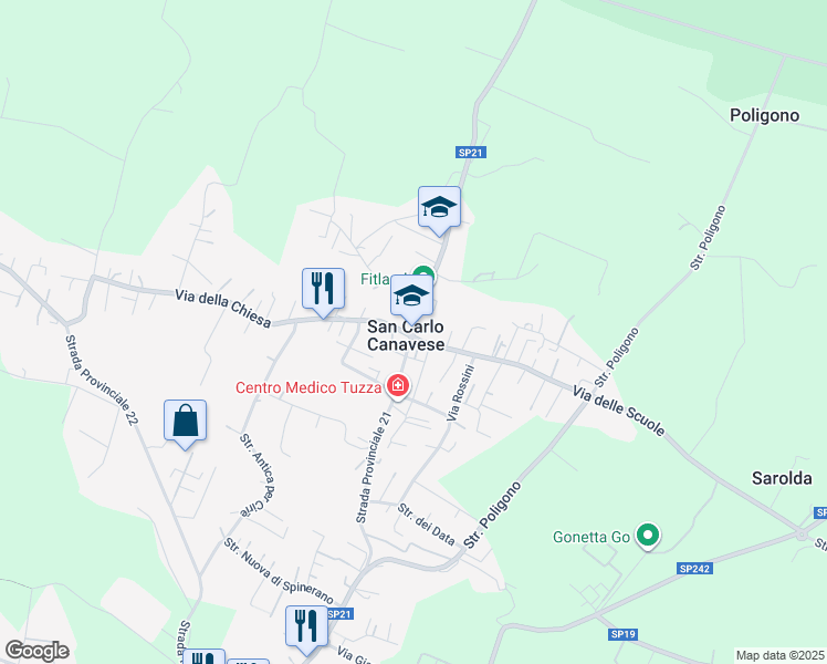map of restaurants, bars, coffee shops, grocery stores, and more near 7 SP21 in San Carlo Canavese