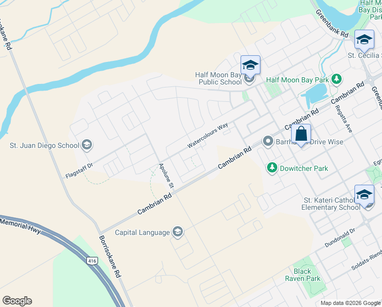 map of restaurants, bars, coffee shops, grocery stores, and more near 205 Merak Way in Ottawa