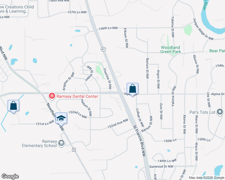 map of restaurants, bars, coffee shops, grocery stores, and more near 5528 153rd Court Northwest in Ramsey
