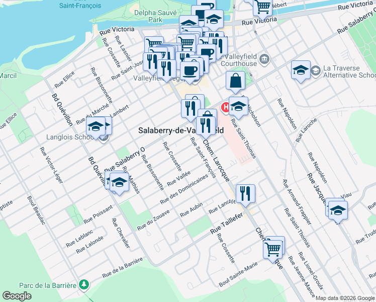 map of restaurants, bars, coffee shops, grocery stores, and more near 62 Rue Édouard in Salaberry-de-Valleyfield
