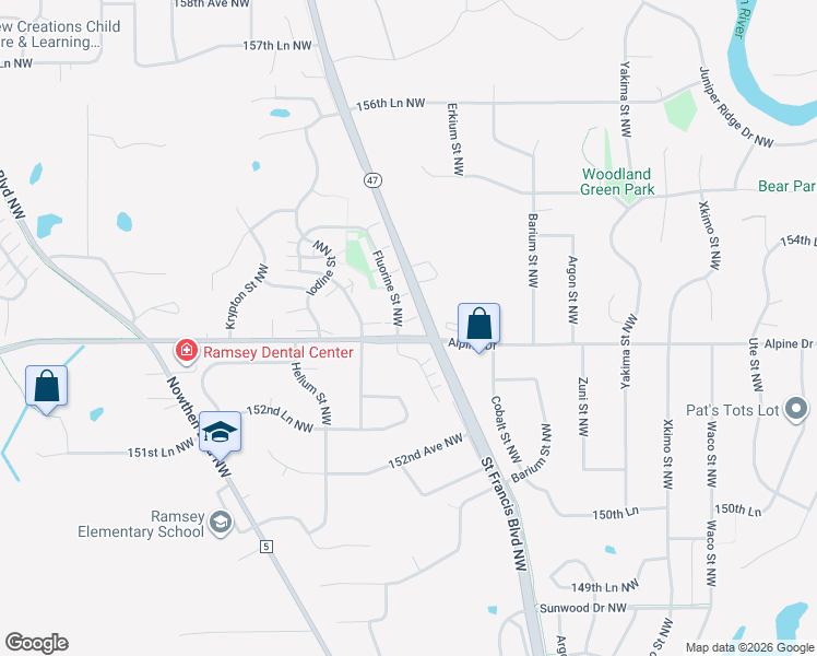 map of restaurants, bars, coffee shops, grocery stores, and more near 5528 153rd Court Northwest in Ramsey
