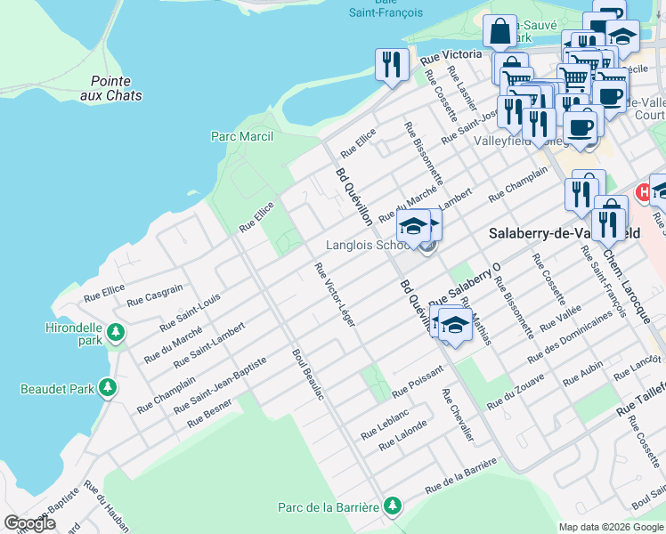 map of restaurants, bars, coffee shops, grocery stores, and more near 292 Rue Saint-Lambert in Salaberry-de-Valleyfield