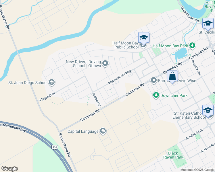 map of restaurants, bars, coffee shops, grocery stores, and more near 2326 Watercolours Way in Ottawa