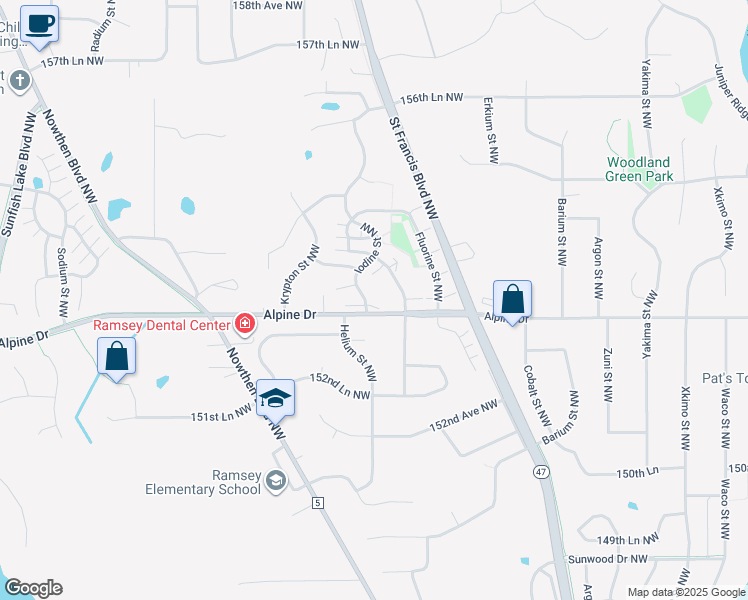 map of restaurants, bars, coffee shops, grocery stores, and more near 15309 Iodine Street Northwest in Ramsey