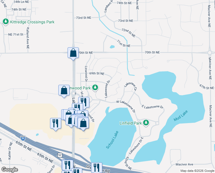 map of restaurants, bars, coffee shops, grocery stores, and more near 6826 Lakewood Drive in Albertville