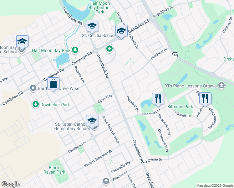 map of restaurants, bars, coffee shops, grocery stores, and more near 501 Egret Way in Ottawa