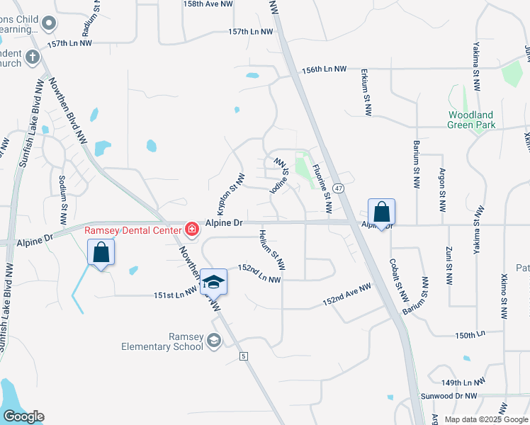 map of restaurants, bars, coffee shops, grocery stores, and more near 15338 Iodine Street Northwest in Ramsey