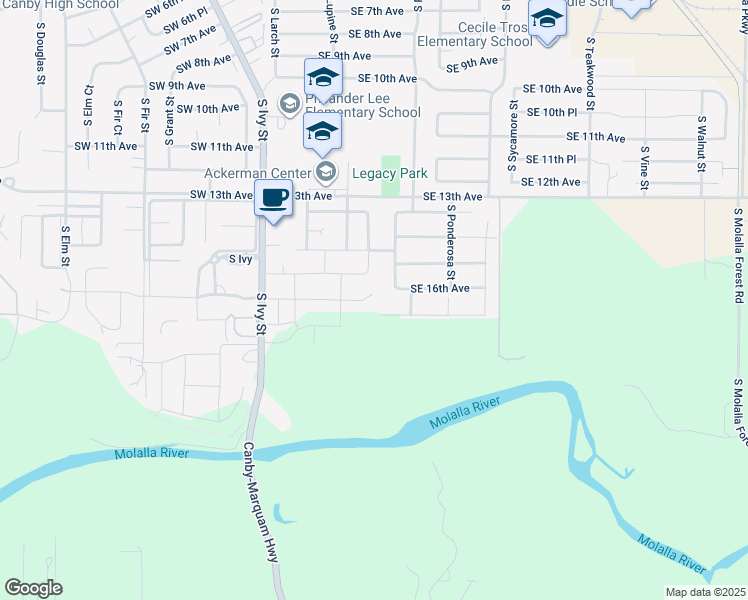 map of restaurants, bars, coffee shops, grocery stores, and more near 490 Southeast 16th Avenue in Canby
