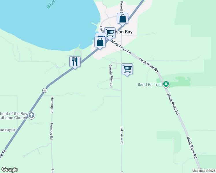 map of restaurants, bars, coffee shops, grocery stores, and more near 1628 Olson Drive in Ellison Bay