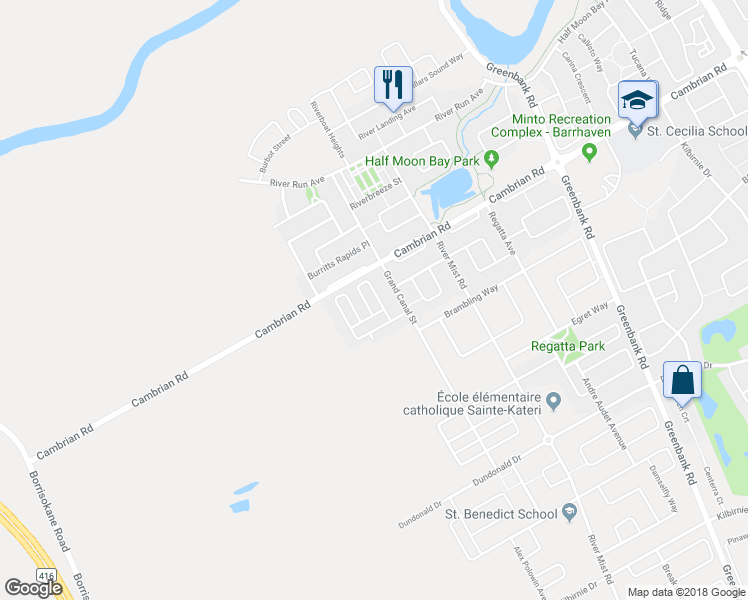 map of restaurants, bars, coffee shops, grocery stores, and more near 2662 Baynes Sound Way in Ottawa