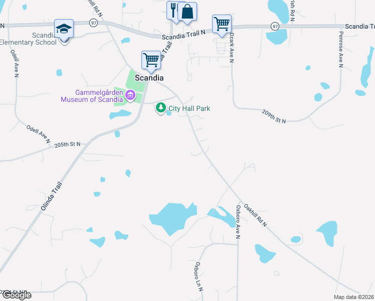 map of restaurants, bars, coffee shops, grocery stores, and more near 14865 Oakhill Road North in Scandia