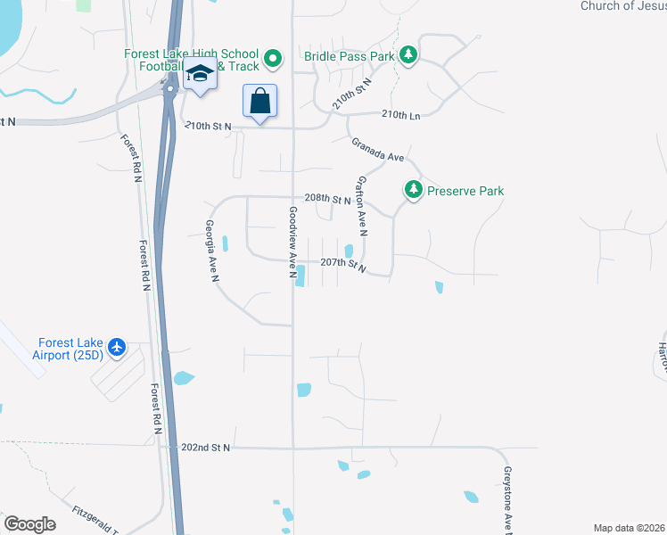 map of restaurants, bars, coffee shops, grocery stores, and more near 6385 207th Street North in Forest Lake