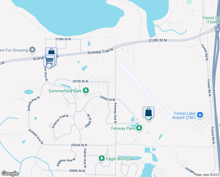 map of restaurants, bars, coffee shops, grocery stores, and more near 20663 Fenston Avenue North in Forest Lake