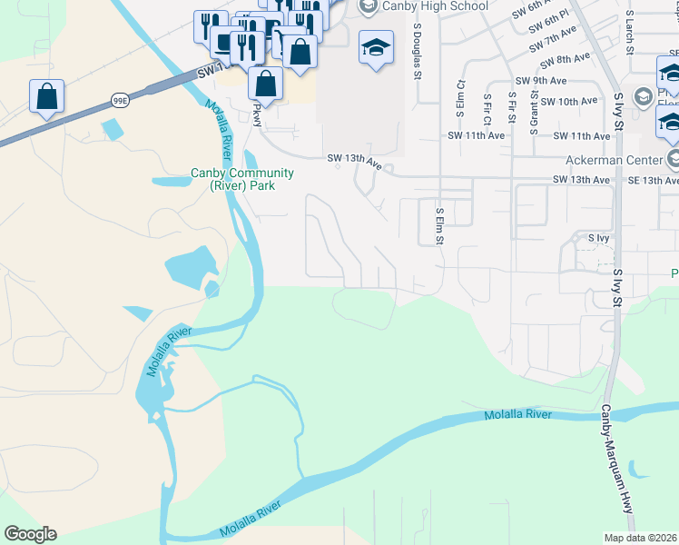map of restaurants, bars, coffee shops, grocery stores, and more near 1655 South Elm Street in Canby