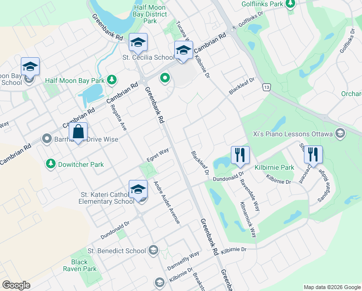 map of restaurants, bars, coffee shops, grocery stores, and more near 106 Sunita Crescent in Ottawa