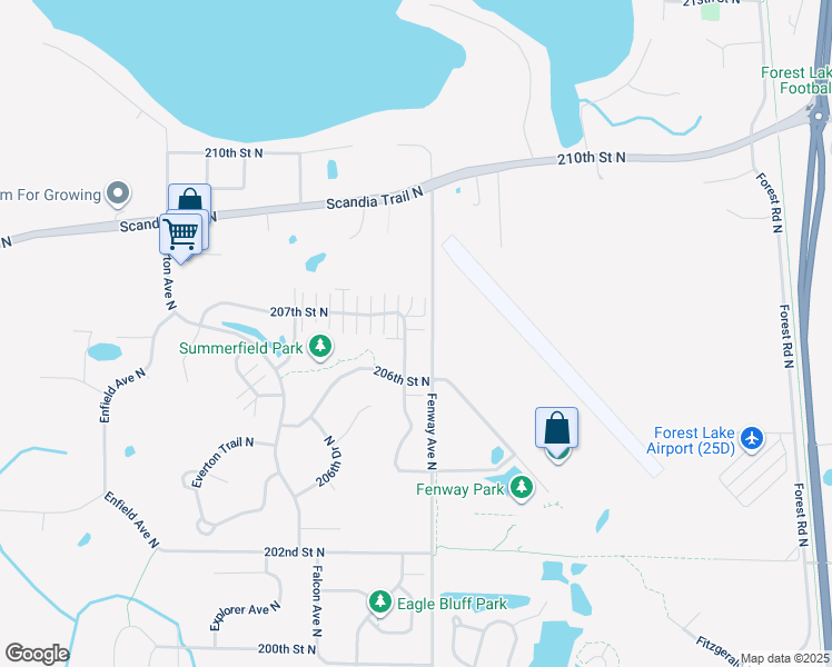 map of restaurants, bars, coffee shops, grocery stores, and more near 20663 Fenston Avenue North in Forest Lake