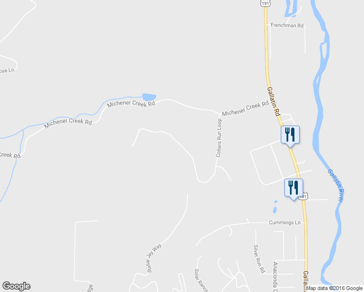 map of restaurants, bars, coffee shops, grocery stores, and more near Colters Run Loop in Gallatin Gateway